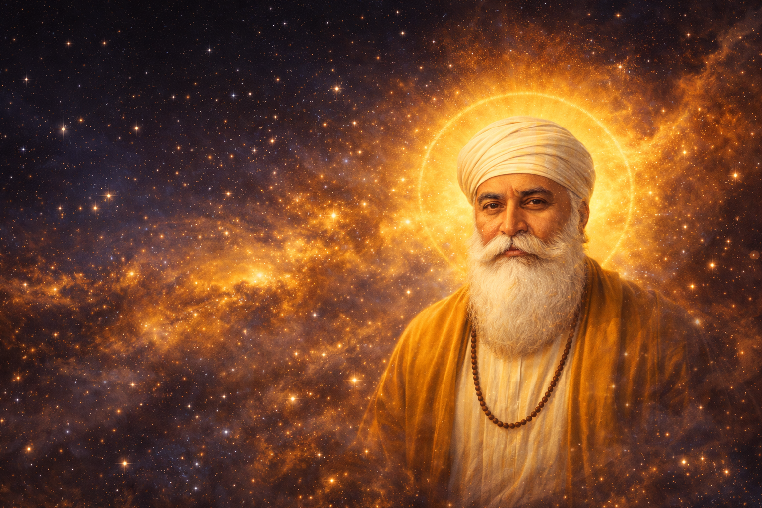 Guru Nanak Dev Ji with Cosmic Light — Mool Mantar Background
